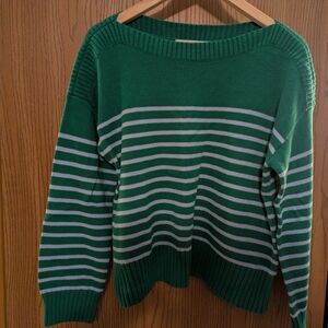 LOFT Green and White Striped Sweater